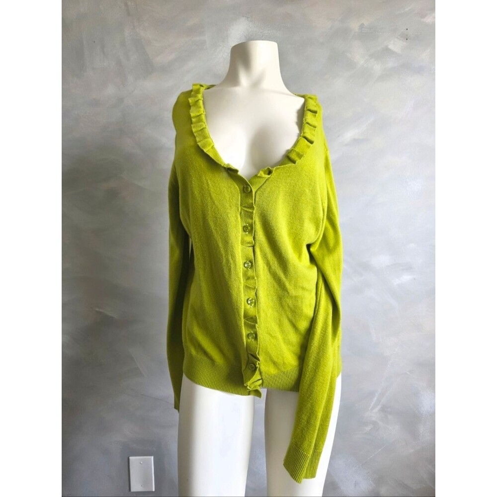 Kenneth Cole Reaction Chartreuse Ruffle Front & Collar Cardigan Sweater Size L